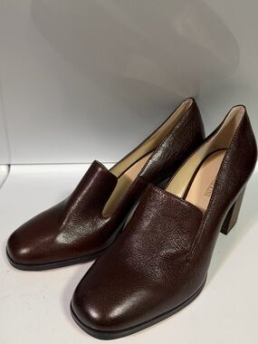 Enzo Angiolini Dark Brown Leather Slip-On Block Heel Pumps